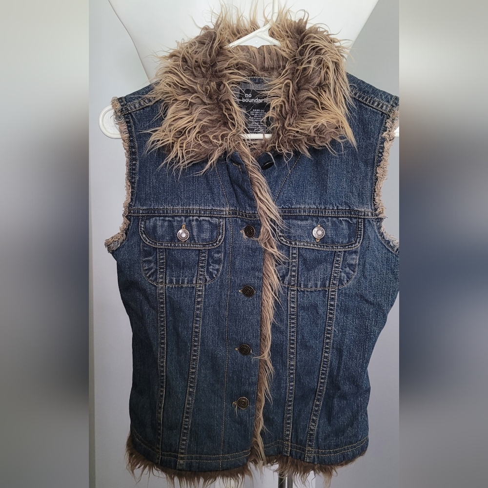 Denim Vest with Faux Fur Trim